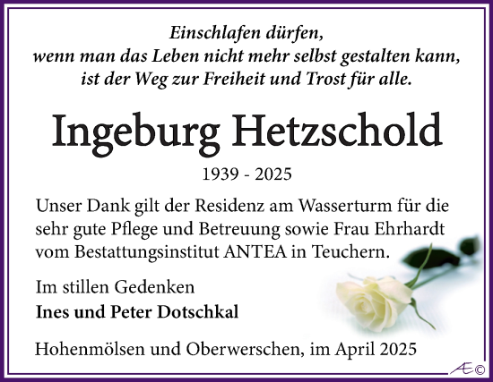 Traueranzeige von Ingeburg Hetzschold von Trauerkombi Weißenfels