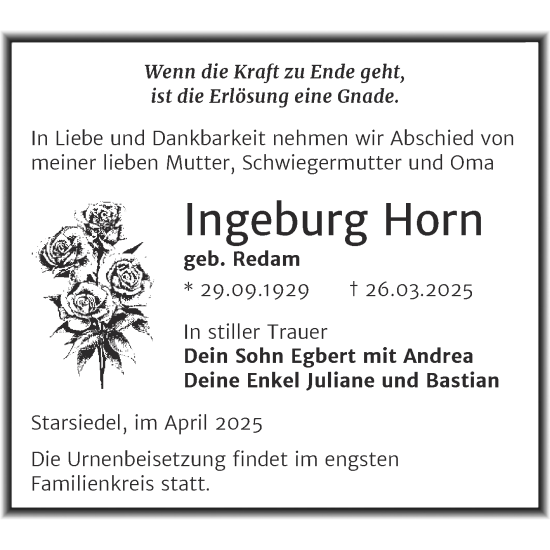 Traueranzeige von Ingeburg Horn von Trauerkombi Weißenfels