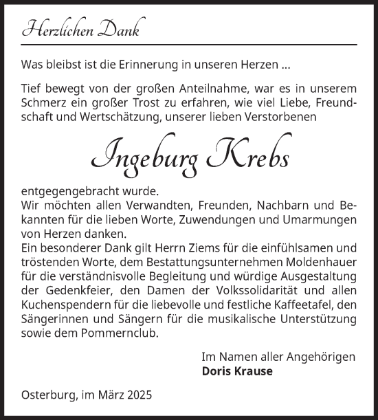 Traueranzeige von Ingeburg Krebs von Volksstimme Altmark Ost
