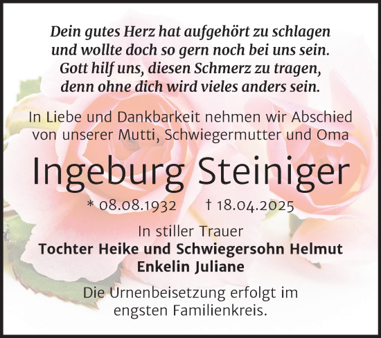 Traueranzeige von Ingeburg Steiniger von Trauerkombi Bernburg