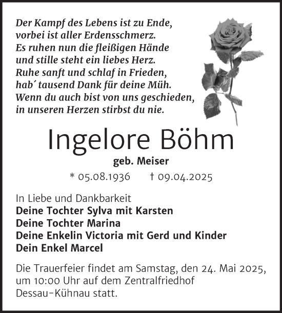 Traueranzeige von Ingelore Böhm von Trauerkombi Dessau