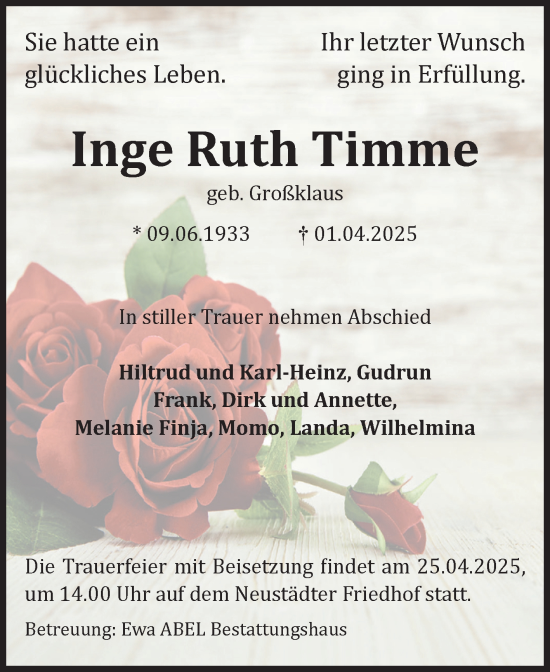 Traueranzeige von Inge Ruth Timme von Volksstimme Magdeburg