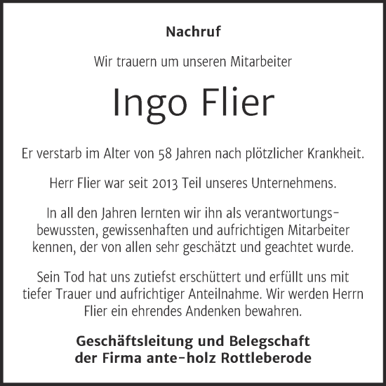 Traueranzeige von Ingo Flier von Super Sonntag Sangerhausen