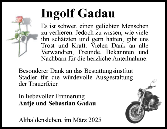 Traueranzeige von Ingolf Gadau von Volksstimme Haldensleben/Wolmirstedt