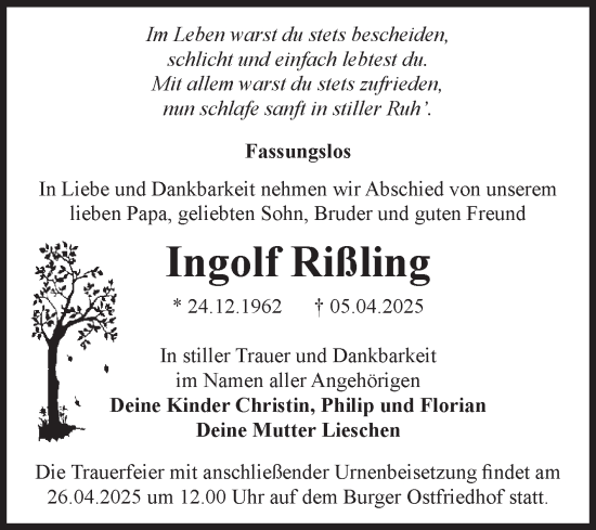 Traueranzeige von Ingolf Rißling von Volksstimme Burg/Genthin