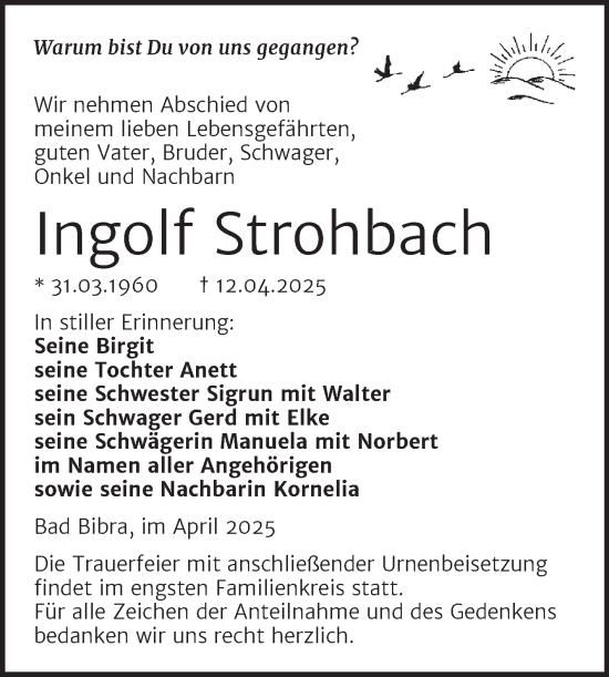 Traueranzeige von Ingolf Strohbach von Super Sonntag Naumburg/Nebra