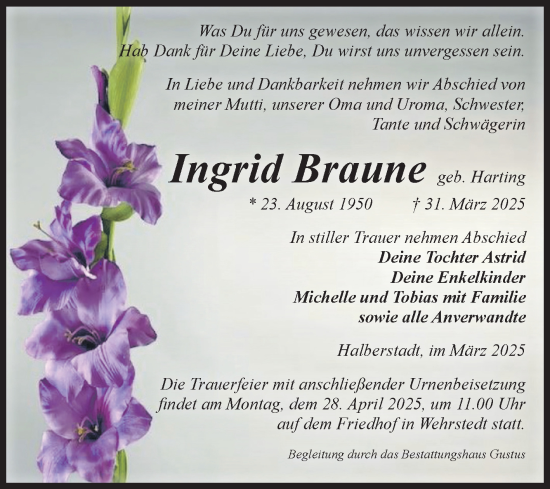 Traueranzeige von Ingrid Braune von Volksstimme Halberstadt