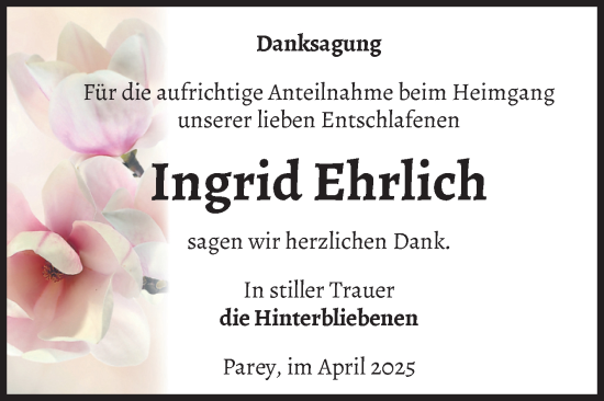 Traueranzeige von Ingrid Ehrlich von Volksstimme Burg/Genthin