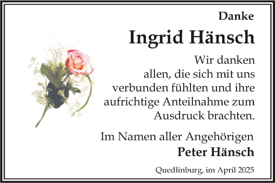 Traueranzeige von Ingrid Hänsch von Trauerkombi Quedlinburg