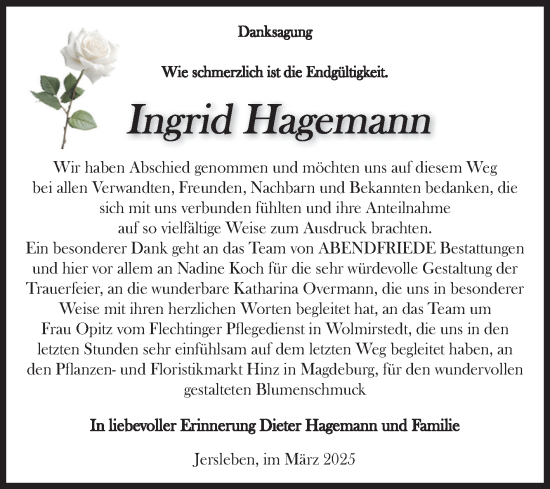Traueranzeige von Ingrid Hagemann von Volksstimme Haldensleben/Wolmirstedt