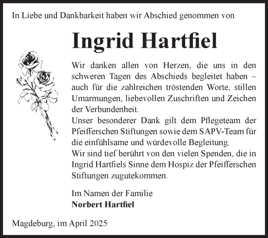 Traueranzeige von Ingrid Hartfiel von Volksstimme Magdeburg