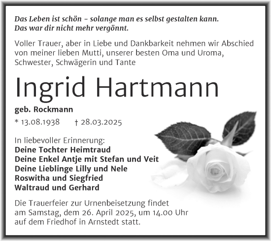 Traueranzeige von Ingrid Hartmann von Trauerkombi Mansfelder Land