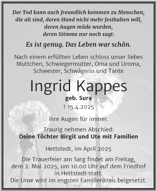 Traueranzeige von Ingrid Kappes von Trauerkombi Mansfelder Land