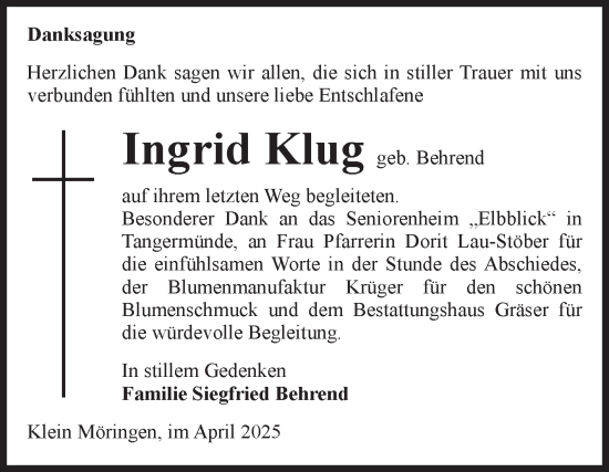 Traueranzeige von Ingrid Klug von Volksstimme Altmark Ost