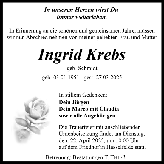 Traueranzeige von Ingrid Krebs von Volksstimme Wernigerode