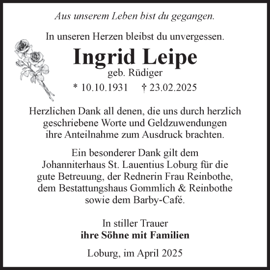 Traueranzeige von Ingrid Leipe von Volksstimme Zerbst