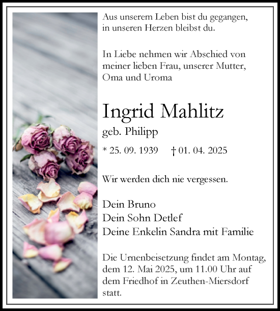 Traueranzeige von Ingrid Mahlitz von Super Sonntag Wittenberg