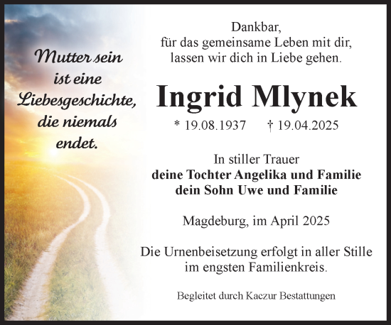 Traueranzeige von Ingrid Mlynek von Volksstimme Magdeburg