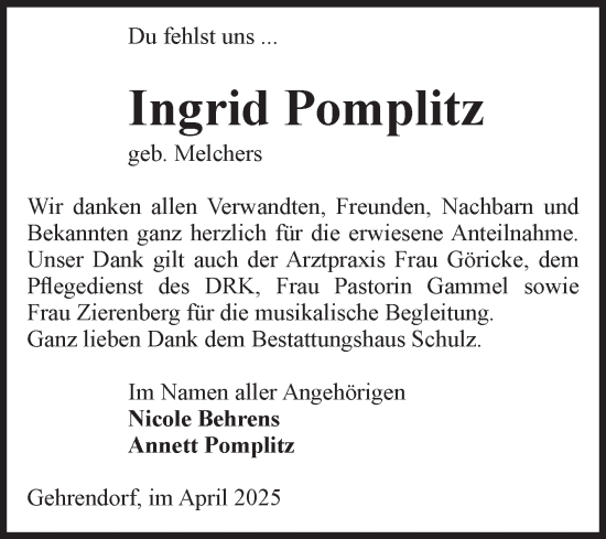 Traueranzeige von Ingrid Pomplitz von Volksstimme Altmark West