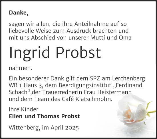Traueranzeige von Ingrid Probst von Trauerkombi Wittenberg