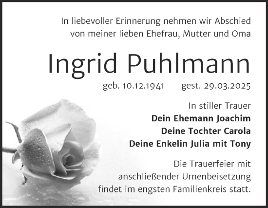 Traueranzeige von Ingrid Puhlmann von Trauerkombi Wittenberg