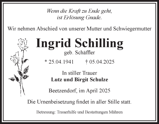 Traueranzeige von Ingrid Schilling von Volksstimme Altmark West