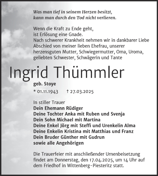 Traueranzeige von Ingrid Thümmler von Trauerkombi Wittenberg