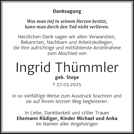 Traueranzeige von Ingrid Thümmler von Trauerkombi Wittenberg