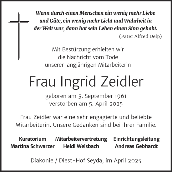 Traueranzeige von Ingrid Zeidler von Super Sonntag Wittenberg