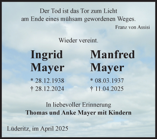 Traueranzeige von Ingrid und Manfred Mayer von Volksstimme Altmark Ost