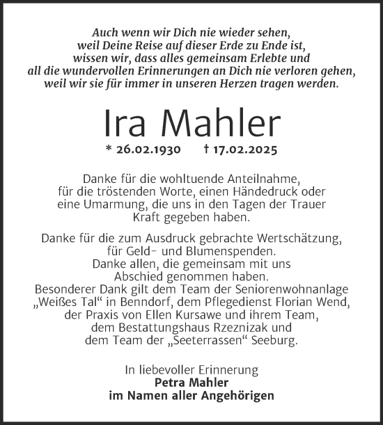 Traueranzeige von Ira Mahler von Trauerkombi Mansfelder Land