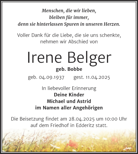 Traueranzeige von Irene Belger von Mitteldeutsche Zeitung Köthen