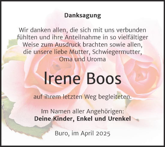 Traueranzeige von Irene Boos von Trauerkombi Wittenberg