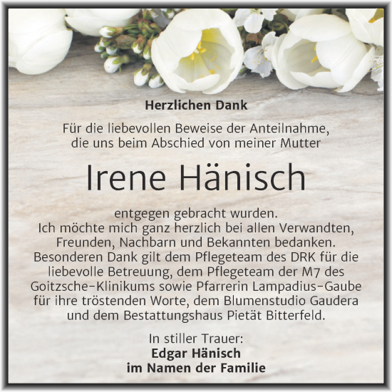 Traueranzeige von Irene Hänisch von Trauerkombi Bitterfeld