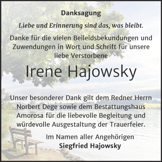 Traueranzeige von Irene Hajowsky von Trauerkombi Dessau