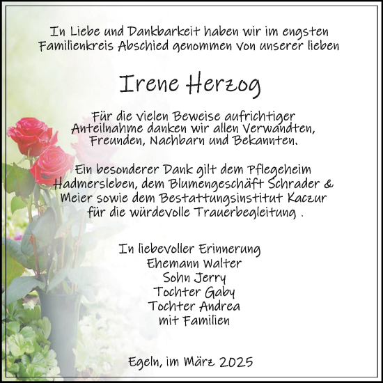 Traueranzeige von Irene Herzog 