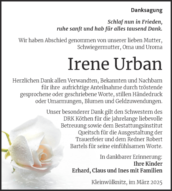 Traueranzeige von Irene Urban von Trauerkombi Köthen