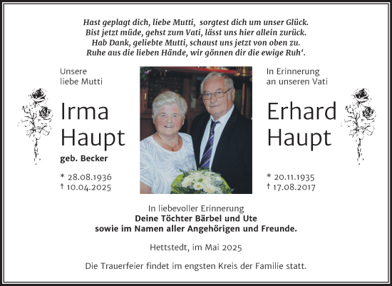 Traueranzeige von Irma Haupt von Trauerkombi Mansfelder Land