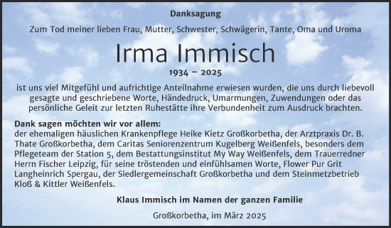 Traueranzeige von Irma Immisch von Trauerkombi Weißenfels