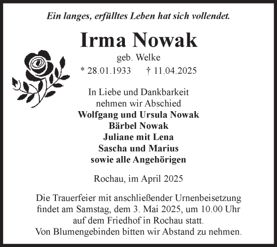 Traueranzeige von Irma Nowak von Volksstimme Altmark Ost