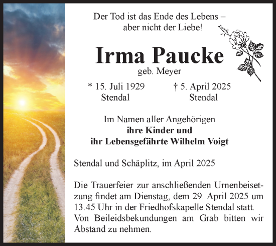 Traueranzeige von Irma Paucke von Volksstimme Altmark Ost