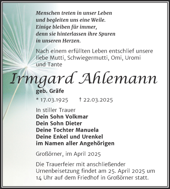 Traueranzeige von Irmgard Ahlemann von Trauerkombi Mansfelder Land