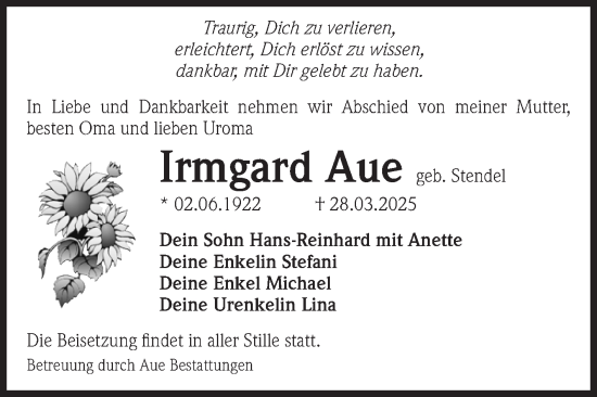 Traueranzeige von Irmgard Aue von Volksstimme Magdeburg