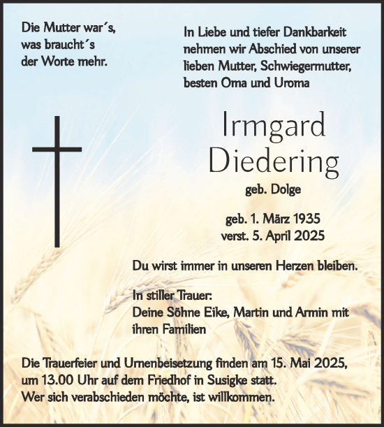 Traueranzeige von Irmgard Diedering von Trauerkombi Köthen