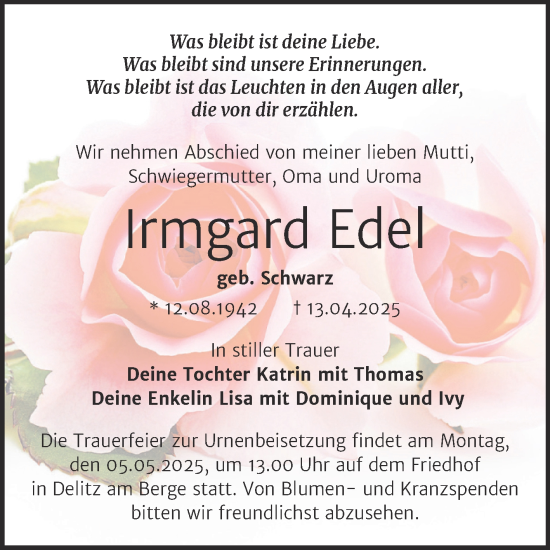Traueranzeige von Irmgard Edel von Trauerkombi Merseburg