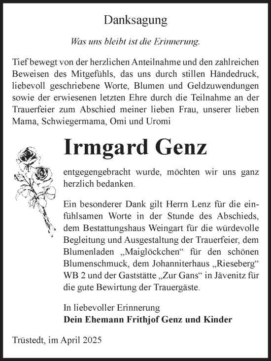 Traueranzeige von Irmgard Genz von Volksstimme Altmark West