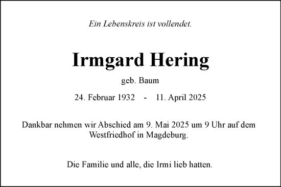 Traueranzeige von Irmgard Hering von Volksstimme Magdeburg