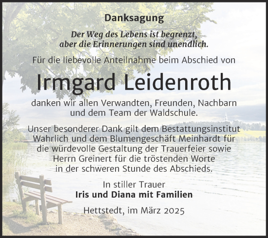 Traueranzeige von Irmgard Leidenroth von Trauerkombi Mansfelder Land