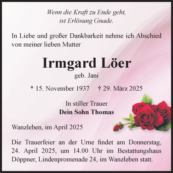 Traueranzeige von Irmgard Löer von Volksstimme Oschersleben/Wanzleben