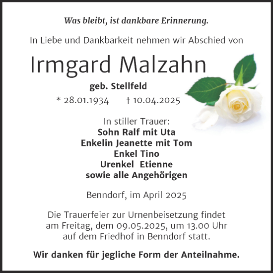 Traueranzeige von Irmgard Malzahn von Trauerkombi Mansfelder Land